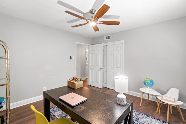 home office featuring visible vents, baseboards, a ceiling fan, and wood finished floors