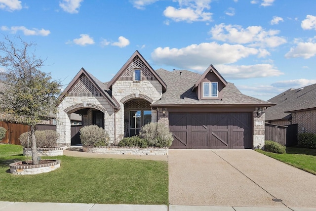 french provincial home with a front yard, an attached garage, fence, and stone siding