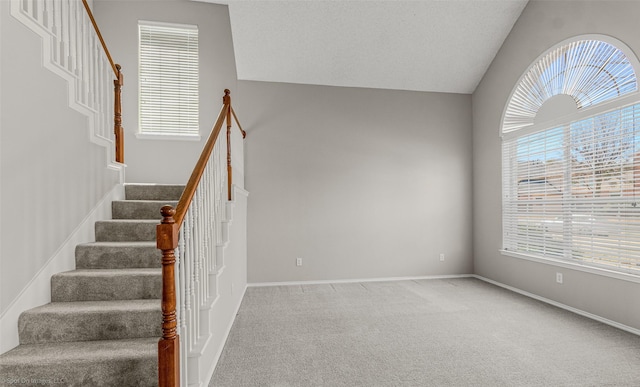 stairs with baseboards, carpet floors, a textured ceiling, and vaulted ceiling