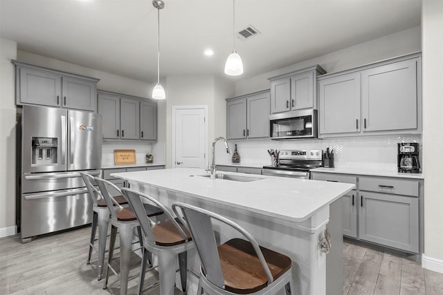 kitchen featuring a sink, stainless steel appliances, visible vents, and gray cabinets