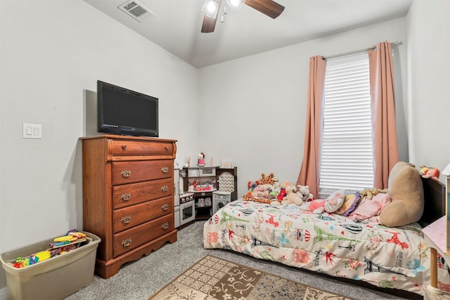 bedroom featuring carpet, visible vents, and ceiling fan