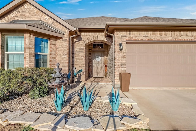 view of exterior entry with driveway, brick siding, roof with shingles, and an attached garage