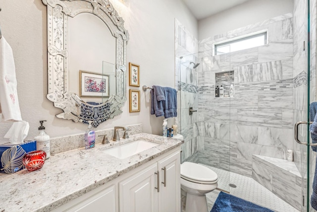 full bathroom featuring a shower stall, toilet, and vanity