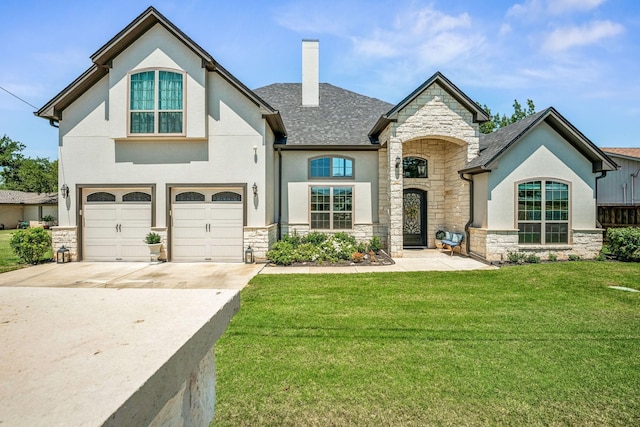 view of front of home featuring a garage, stone siding, and a chimney