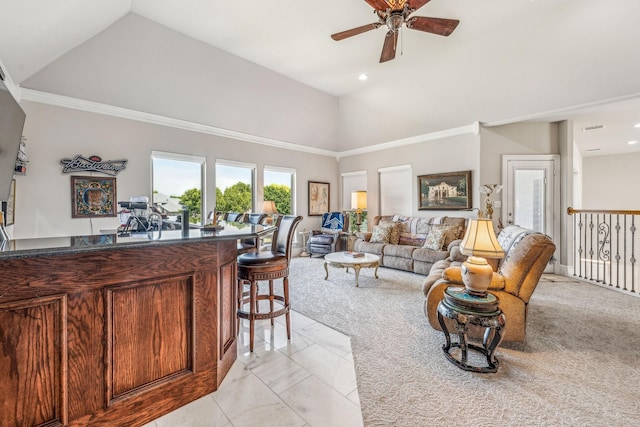 living room featuring recessed lighting, a ceiling fan, light colored carpet, and high vaulted ceiling