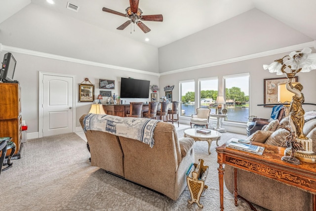 living room featuring visible vents, baseboards, carpet, high vaulted ceiling, and a ceiling fan