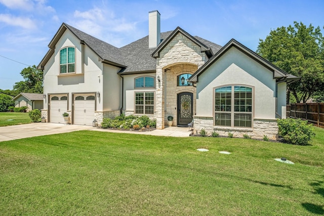 french provincial home featuring stone siding, concrete driveway, a front yard, a garage, and a chimney