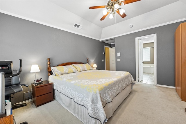 bedroom featuring light carpet, visible vents, ceiling fan, and lofted ceiling