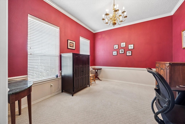 carpeted home office featuring a wealth of natural light, a notable chandelier, a textured ceiling, crown molding, and baseboards