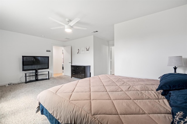 bedroom featuring a ceiling fan, carpet, and visible vents