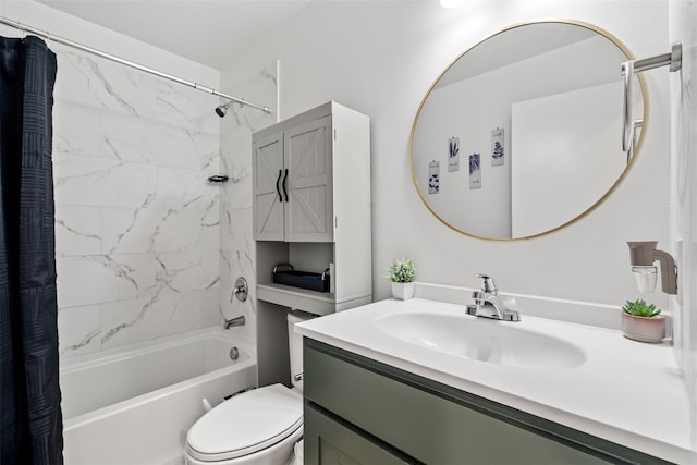 bathroom with vanity, toilet, and shower / tub combo with curtain