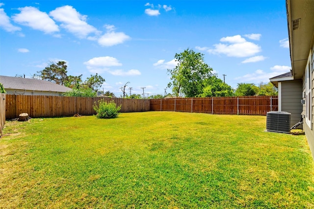 view of yard with central AC unit and a fenced backyard