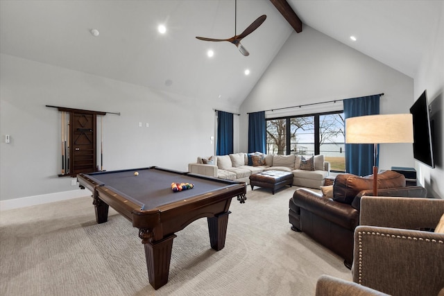 game room with billiards, high vaulted ceiling, ceiling fan, beamed ceiling, and light colored carpet