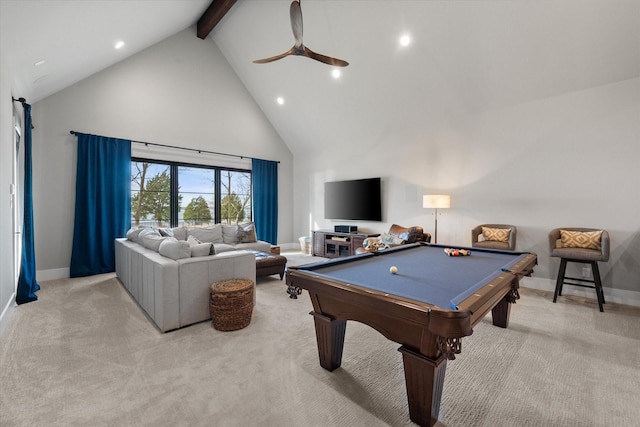 game room with ceiling fan, beam ceiling, light carpet, high vaulted ceiling, and billiards