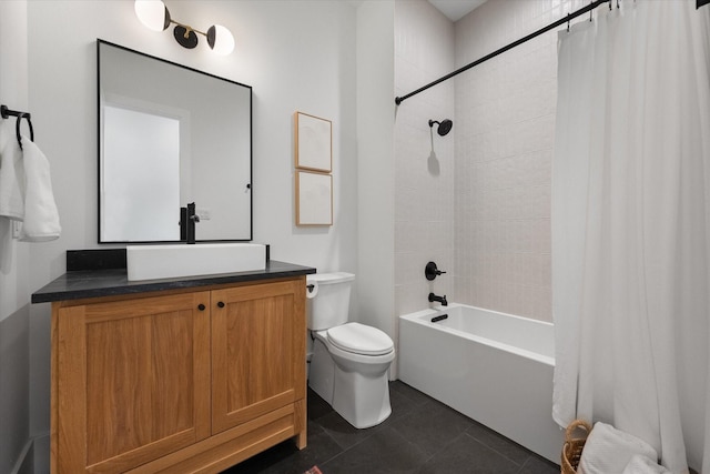 full bath with vanity, toilet, shower / tub combo with curtain, and tile patterned flooring