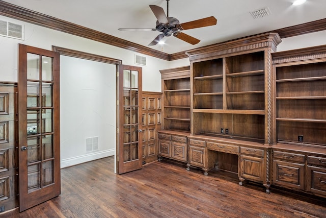 unfurnished office featuring ornamental molding, french doors, ceiling fan, dark wood-style flooring, and baseboards