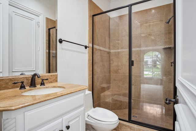 bathroom featuring a shower stall, toilet, and vanity