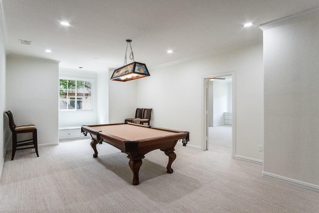 recreation room with light colored carpet, billiards table, ornamental molding, recessed lighting, and baseboards