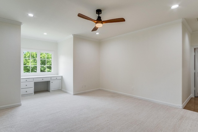 unfurnished bedroom with recessed lighting, light carpet, baseboards, ornamental molding, and ceiling fan