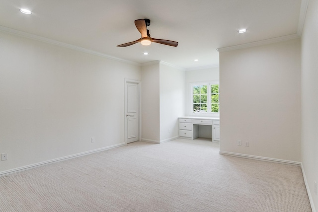 unfurnished bedroom with recessed lighting, light carpet, ornamental molding, baseboards, and ceiling fan