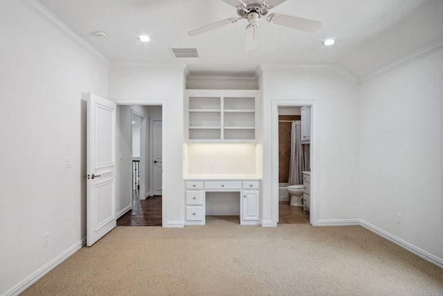 unfurnished bedroom featuring crown molding, carpet, baseboards, connected bathroom, and recessed lighting