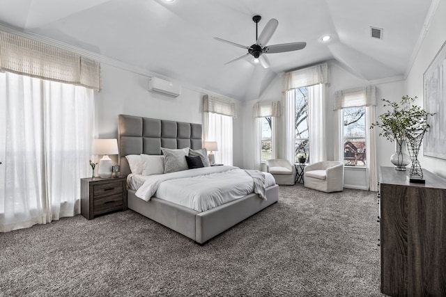 carpeted bedroom with visible vents, a wall mounted air conditioner, vaulted ceiling, ornamental molding, and a ceiling fan