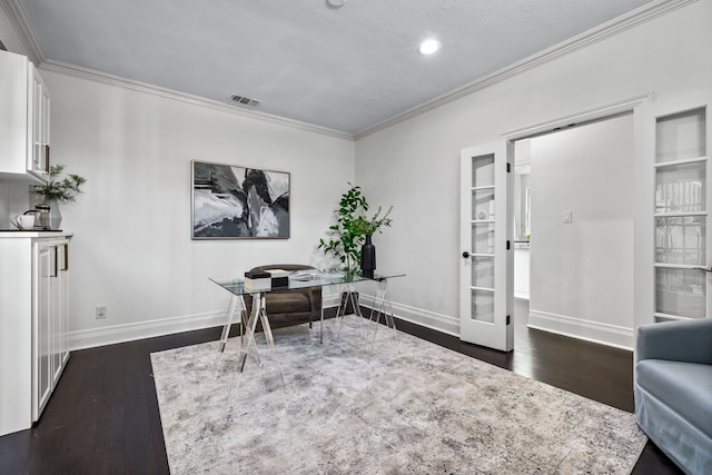 office area featuring crown molding, baseboards, dark wood-style flooring, and french doors