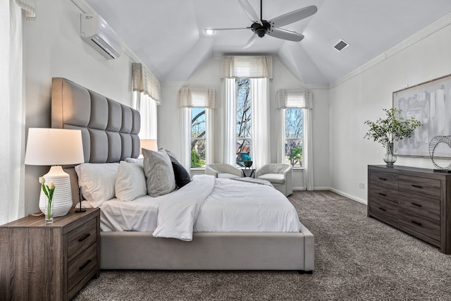 bedroom featuring visible vents, baseboards, carpet, lofted ceiling, and a wall mounted AC