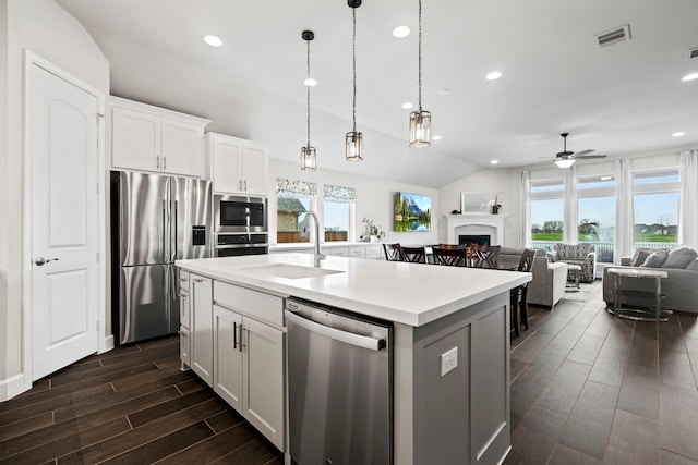 kitchen with a wealth of natural light, wood finish floors, appliances with stainless steel finishes, and a ceiling fan