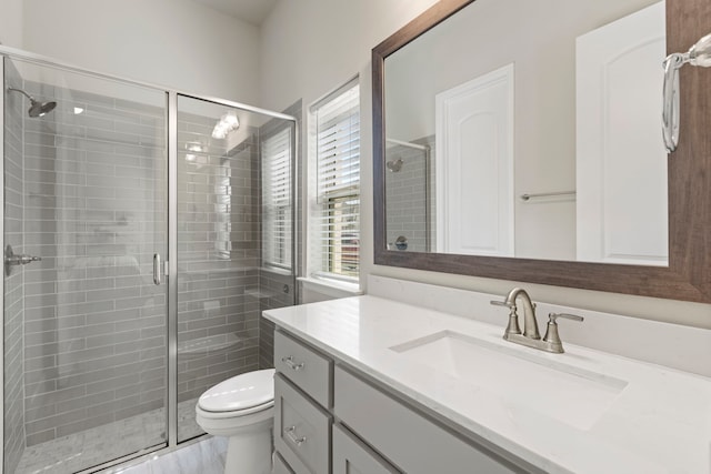 bathroom with a shower stall, toilet, and vanity