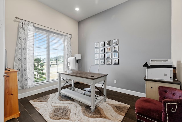 home office featuring recessed lighting, baseboards, and wood tiled floor