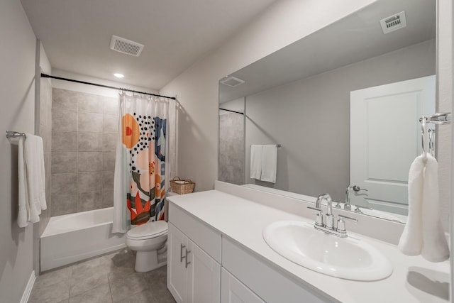 full bathroom with tile patterned floors, visible vents, toilet, and vanity