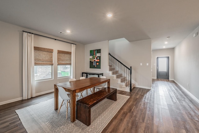 dining area with visible vents, recessed lighting, stairway, baseboards, and dark wood-style flooring