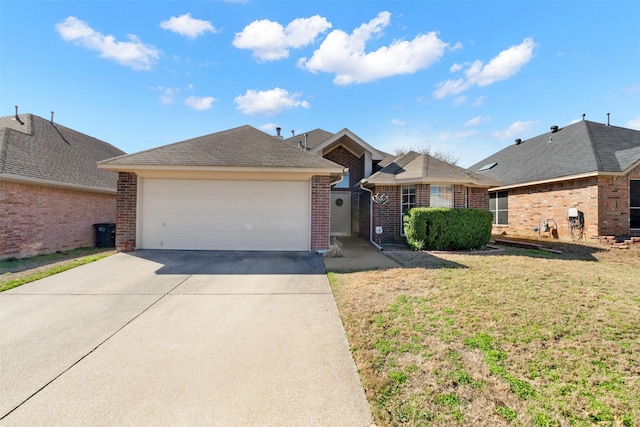 ranch-style house featuring a garage, a front lawn, brick siding, and driveway