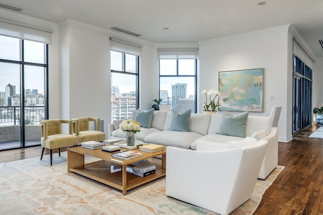 living area featuring visible vents, a city view, crown molding, and wood finished floors
