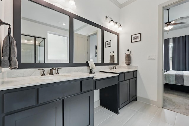 full bath with ceiling fan, tile patterned floors, double vanity, and a sink