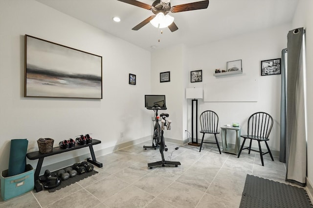 workout area with recessed lighting, baseboards, and a ceiling fan