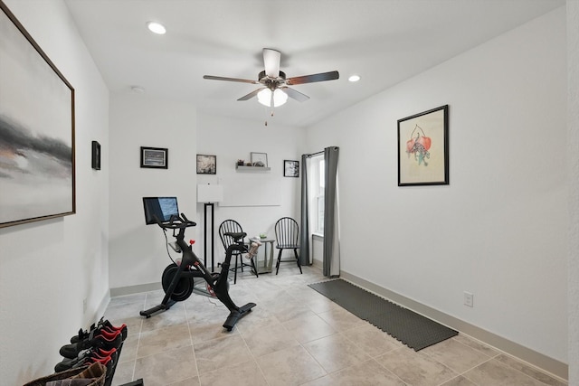 workout area featuring recessed lighting, baseboards, light tile patterned flooring, and a ceiling fan