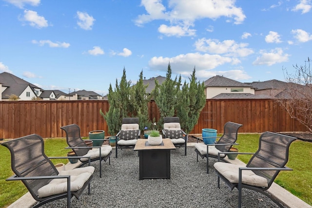 view of patio featuring a fenced backyard and outdoor lounge area