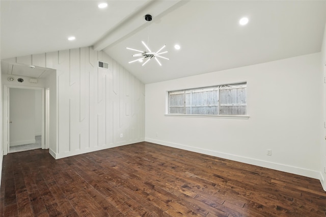 unfurnished room featuring visible vents, baseboards, dark wood-type flooring, and vaulted ceiling with beams