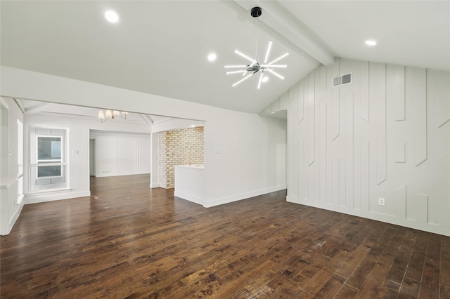 unfurnished living room featuring visible vents, baseboards, lofted ceiling with beams, an inviting chandelier, and dark wood-style flooring