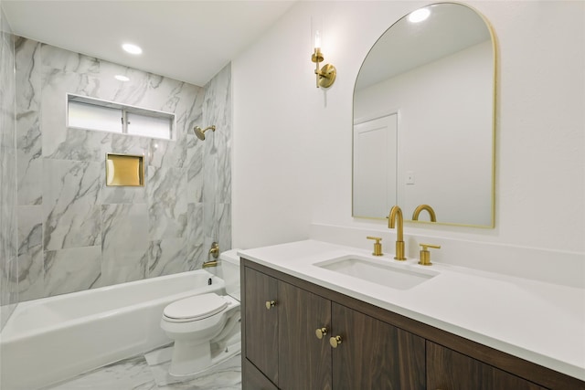 full bathroom featuring toilet, marble finish floor, recessed lighting, tub / shower combination, and vanity