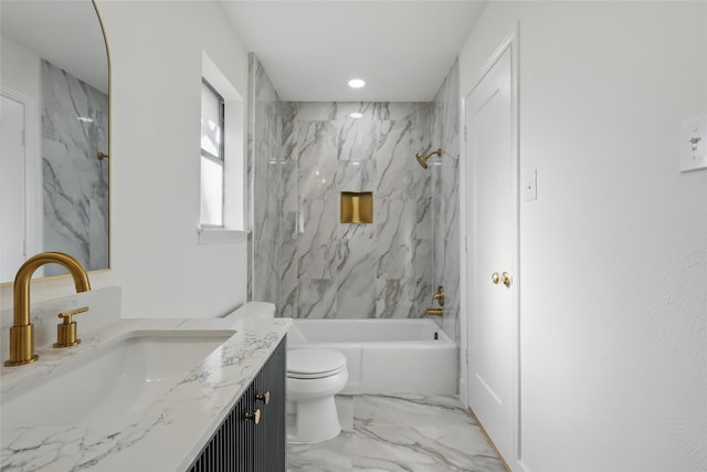 bathroom with toilet, recessed lighting, shower / bathtub combination, marble finish floor, and vanity