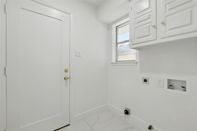 clothes washing area featuring baseboards, hookup for an electric dryer, cabinet space, washer hookup, and marble finish floor