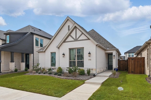 english style home featuring brick siding, fence, a front yard, and a gate