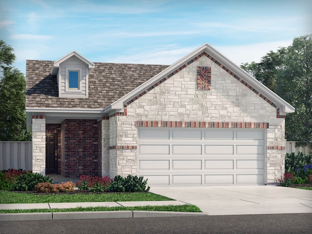 view of front facade featuring stone siding, an attached garage, driveway, and roof with shingles