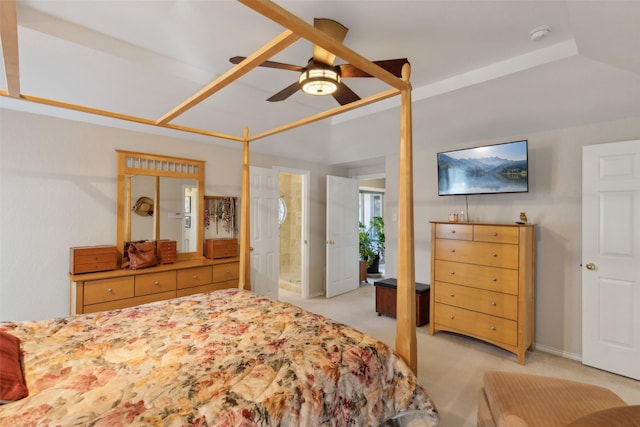 bedroom featuring light colored carpet and a ceiling fan