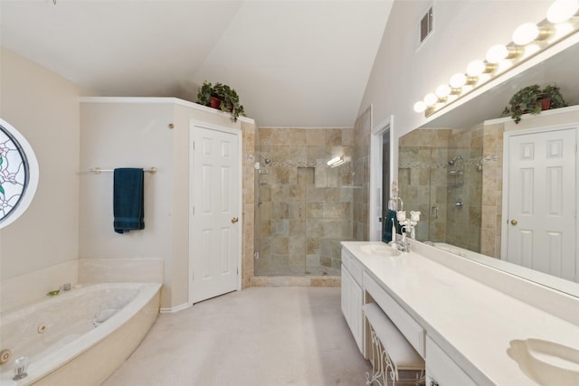 bathroom featuring double vanity, visible vents, a stall shower, and a whirlpool tub