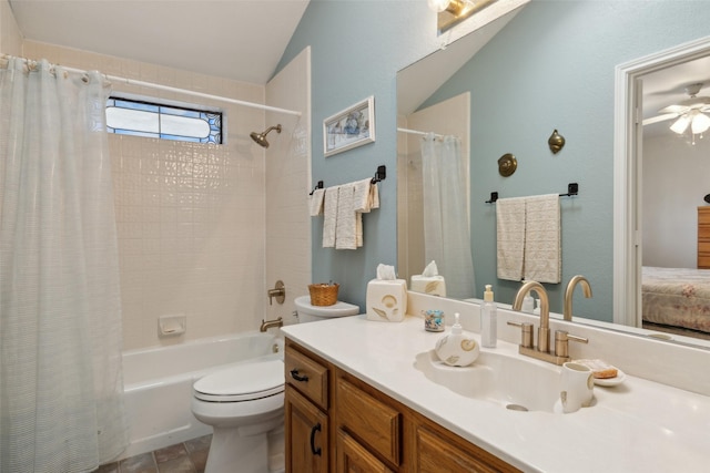 full bathroom with vanity, toilet, shower / bath combo, and ensuite bathroom