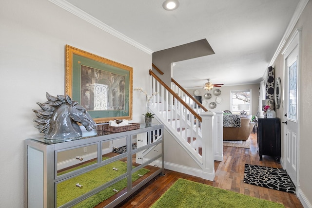 foyer entrance featuring stairs, ceiling fan, wood-type flooring, and ornamental molding